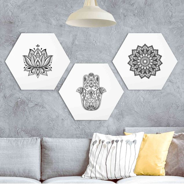 Kök dekoration Mandala Hamsa Hand Lotus Set On White