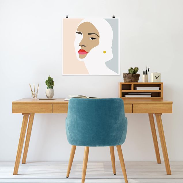 Posters konstutskrifter Line Art Portrait Woman Pastel Grey