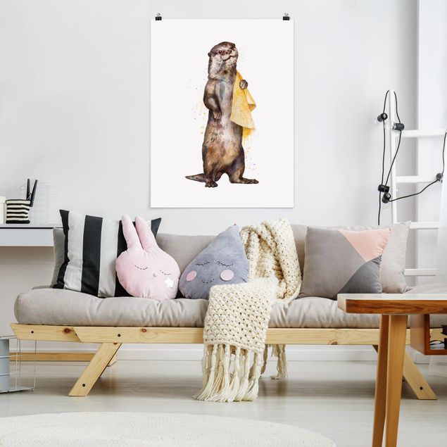 Posters djur Illustration Otter With Towel Painting White