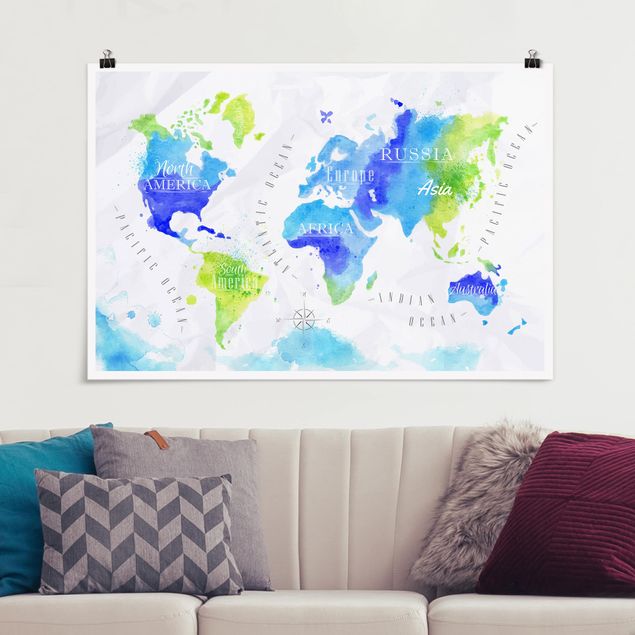 Kök dekoration World Map Watercolour Blue Green