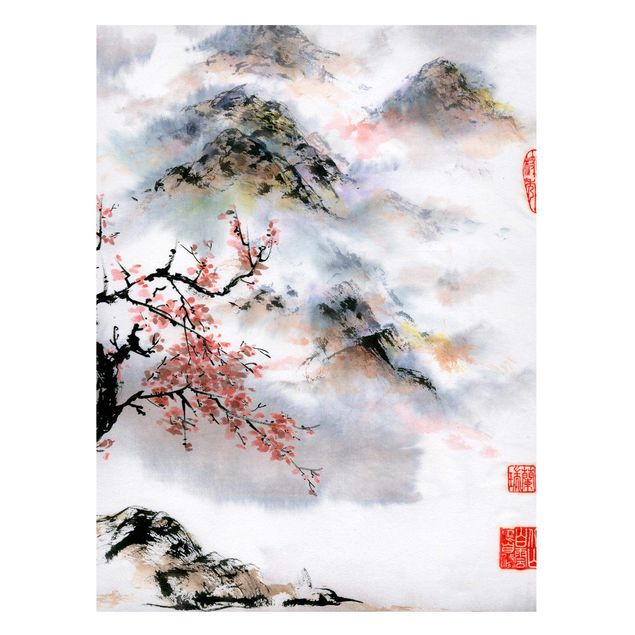 Tavlor träd Japanese Watercolour Drawing Cherry Tree And Mountains