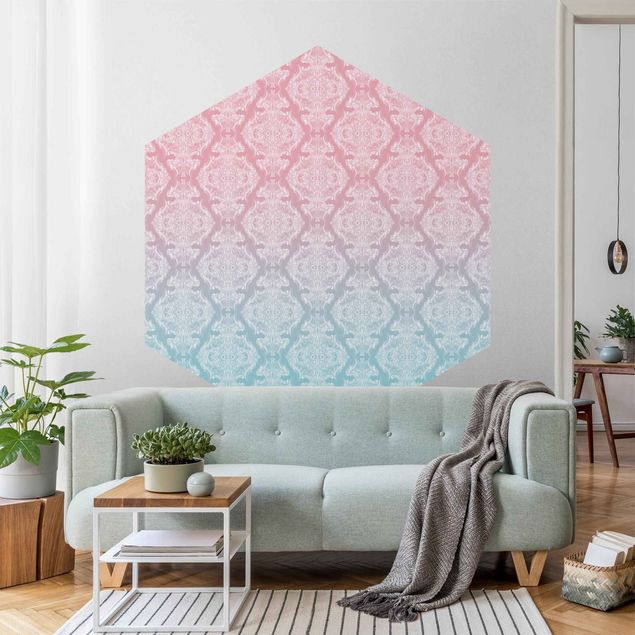 Mönstertapet Watercolour Baroque Pattern With Blue Pink Gradient