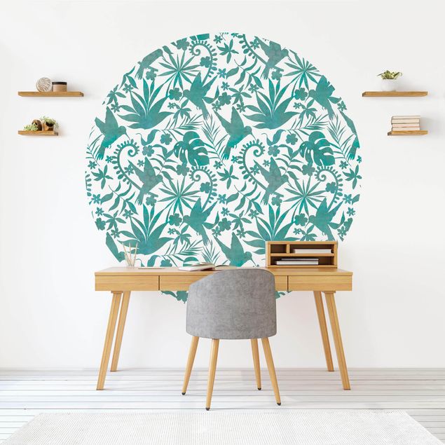 Fototapeter fåglar Watercolour Hummingbird And Plant Silhouettes Pattern In Turquoise