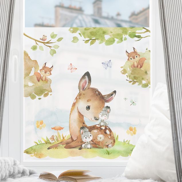 Fönsterdekaler djur Watercolour Deer Rabbit and Squirrel