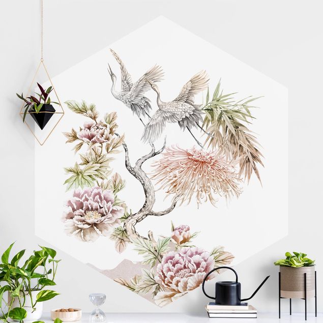 Kök dekoration Watercolour Storks In Flight With Flowers