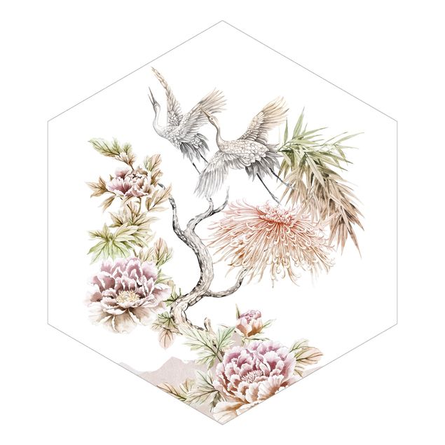 Hexagonala tapeter Watercolour Storks In Flight With Flowers