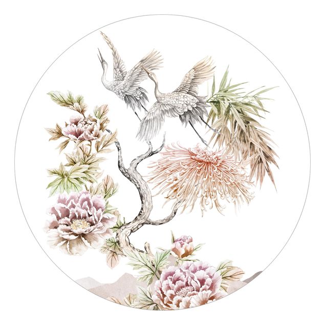 Fototapeter blommor  Watercolour Storks In Flight With Flowers