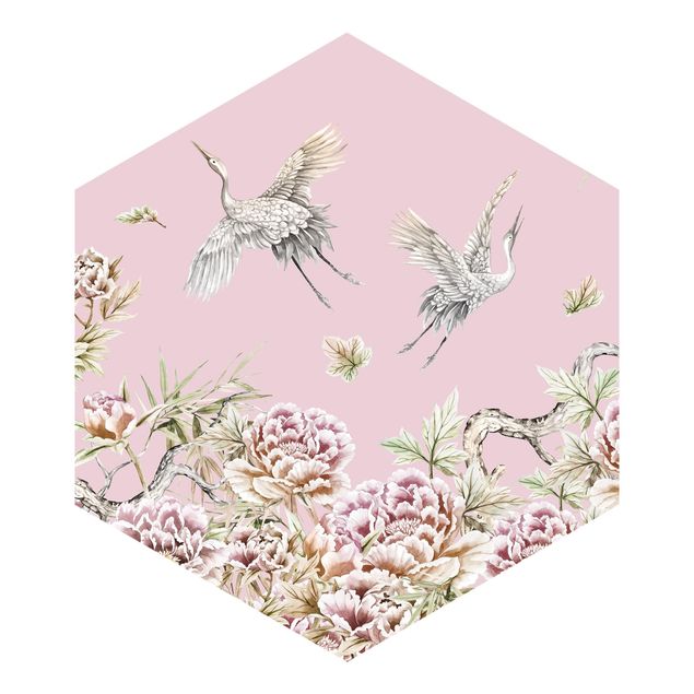 Hexagonala tapeter Watercolour Storks In Flight With Roses On Pink