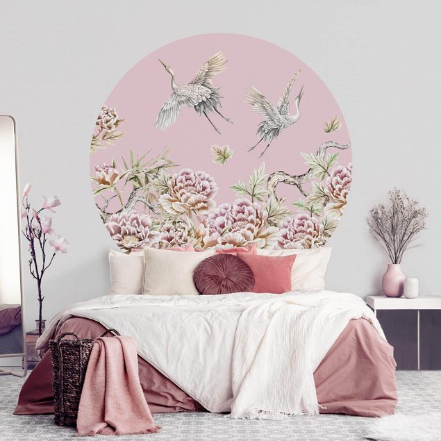 Kök dekoration Watercolour Storks In Flight With Roses On Pink