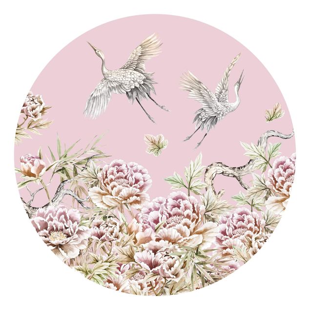 Fototapeter blommor  Watercolour Storks In Flight With Roses On Pink