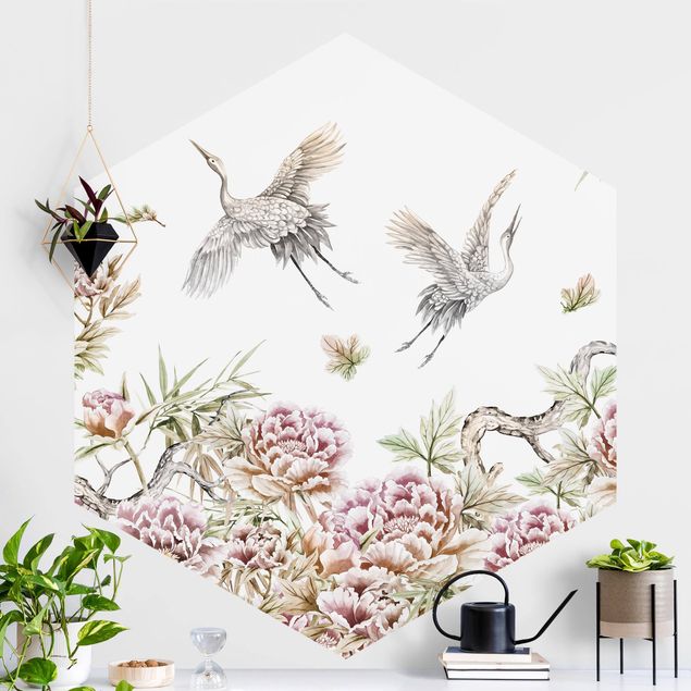 Kök dekoration Watercolour Storks In Flight With Roses
