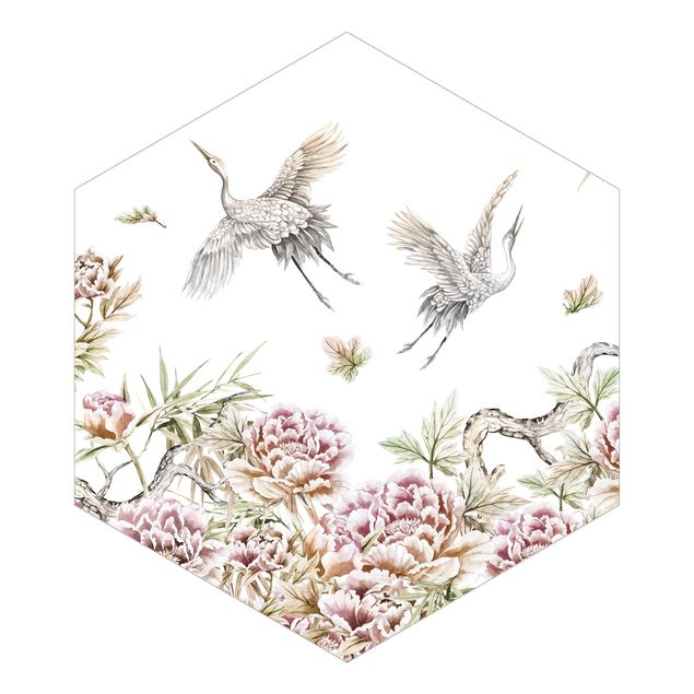 Hexagonala tapeter Watercolour Storks In Flight With Roses