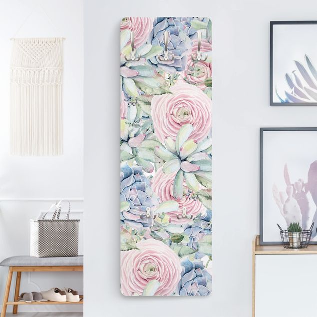 Klädhängare vägg blommor  Watercolour Succulents And Ranunculus Pattern
