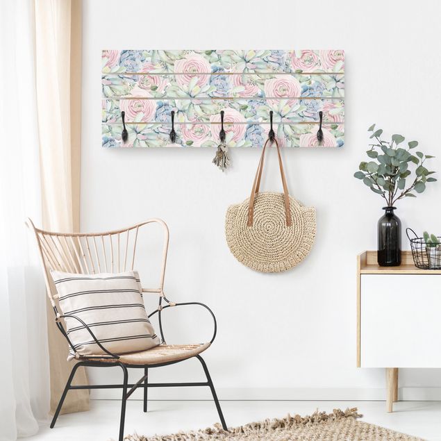 Klädhängare vägg mönster Watercolour Succulents And Ranunculus Pattern
