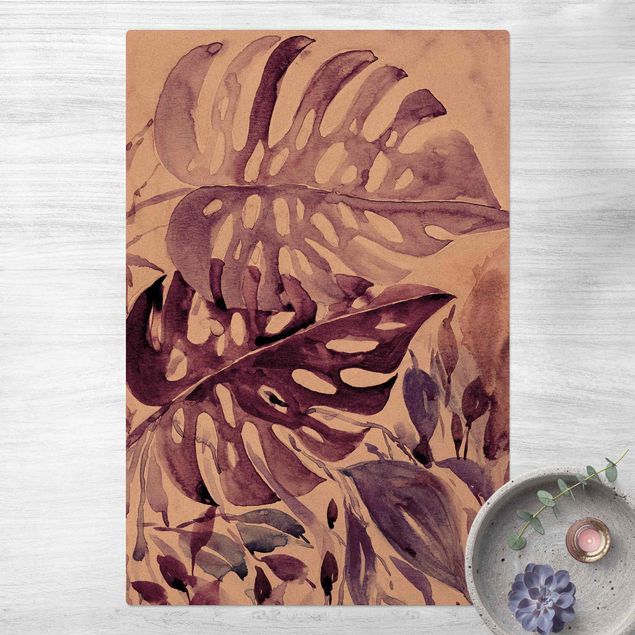 Djungelmatta Watercolour Tropical Leaves With Monstera In Aubergine