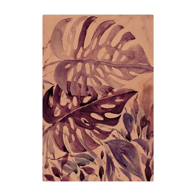 Kork-Teppich - Aquarell Tropische Blätter mit Monstera in Aubergine - Hochformat 2:3