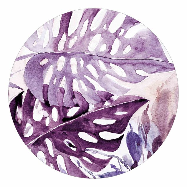 Tapeter modernt Watercolour Tropical Leaves With Monstera In Aubergine