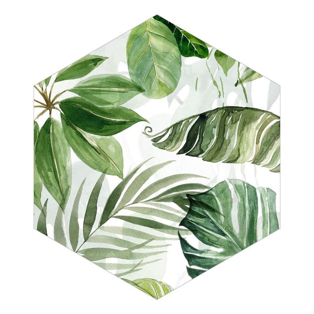Tapeter Watercolour Tropical Leaves And Tendrils