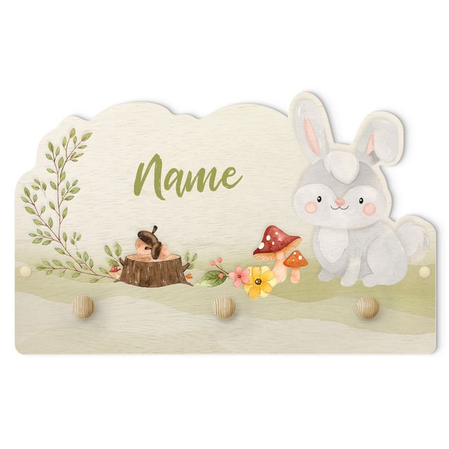 Klädhängare vägg grön Watercolour Forest Animal Bunny With Customised Name
