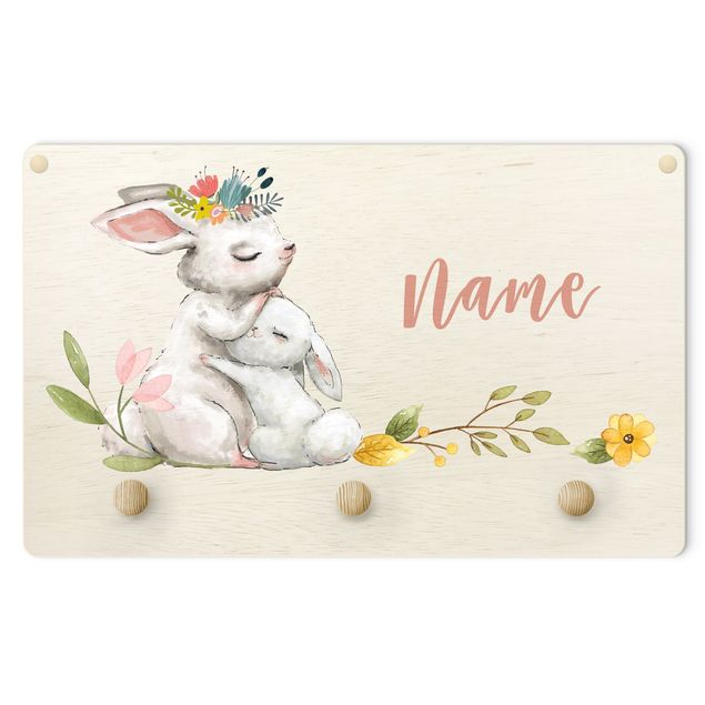 Klädhängare vägg Watercolour Forest Animal Rabbit Family With Customised Name