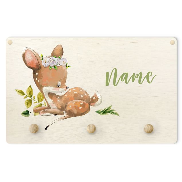 Klädhängare vägg brun Watercolour Forest Animal Fawn With Customised Name