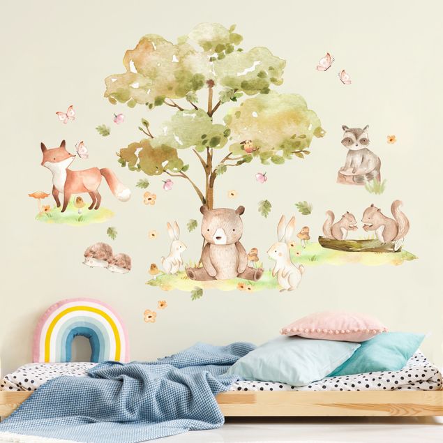 Autocolantes de parede árvores Watercolour forest animals and autumn tree