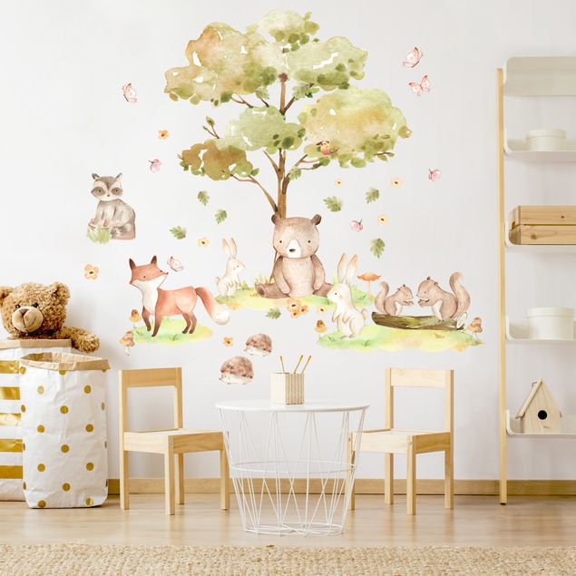 Autocolantes de parede ursos Watercolour forest animals and autumn tree