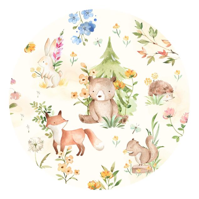 Tapeter modernt Watercolour forest animals and flowers