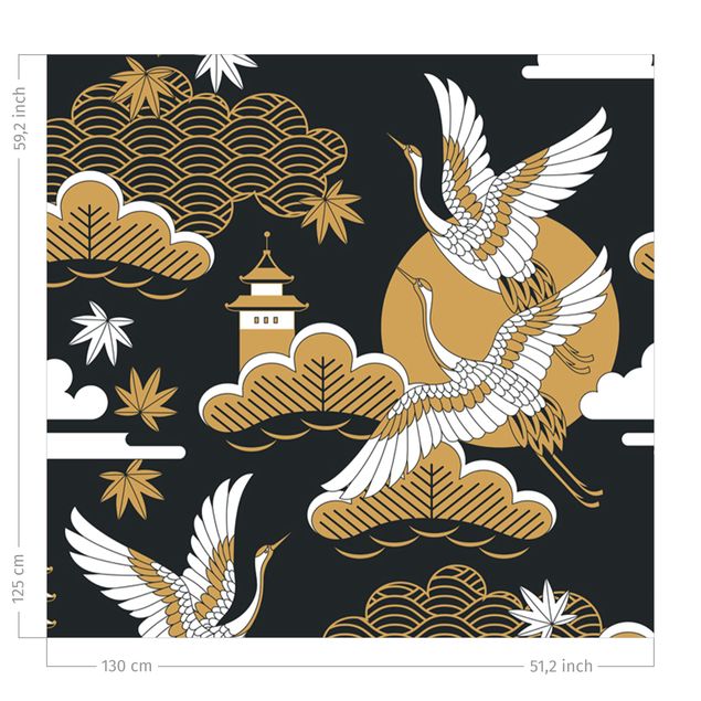 måttsydda gardiner Asian Pattern With Cranes In Autumn