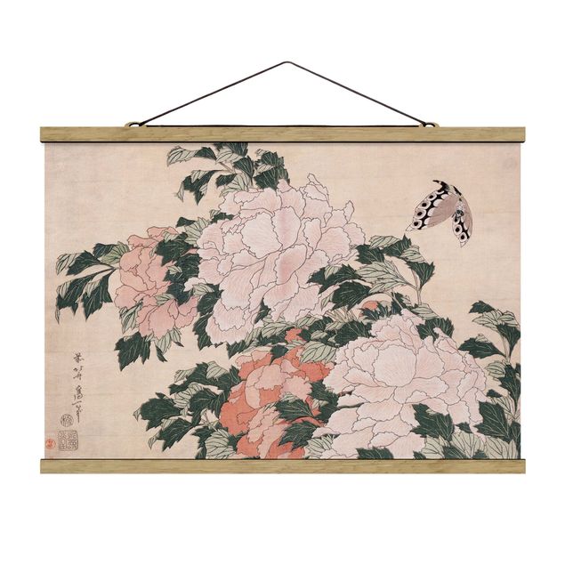 Konststilar Katsushika Hokusai - Pink Peonies With Butterfly