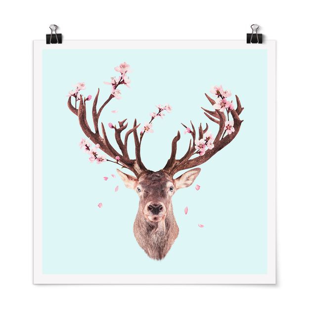Posters blommor  Deer With Cherry Blossoms