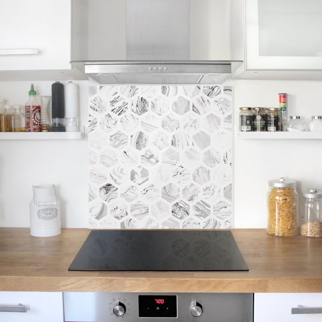 Stänkskydd kök glas mönster Marble Hexagons In Greyscales