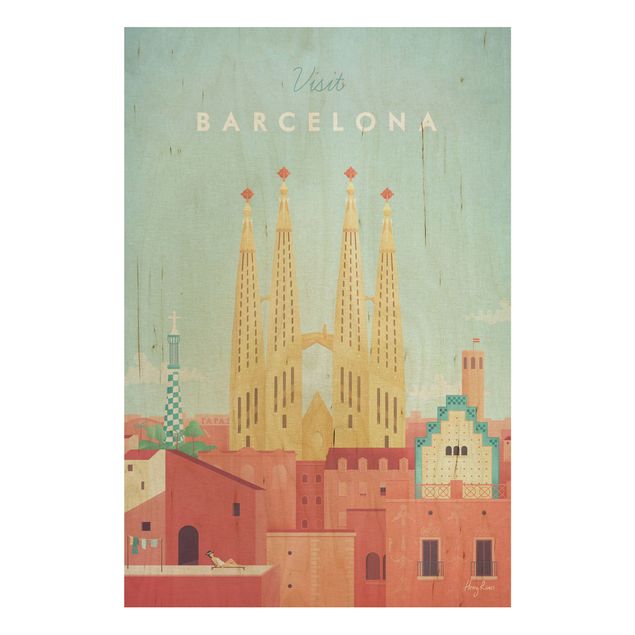 Trätavlor vintage Travel Poster - Barcelona