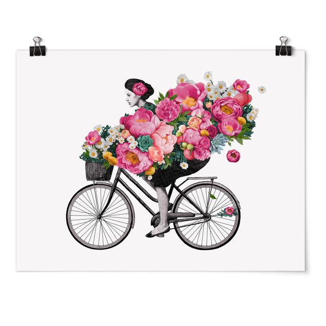 Posters konstutskrifter Illustration Woman On Bicycle Collage Colourful Flowers