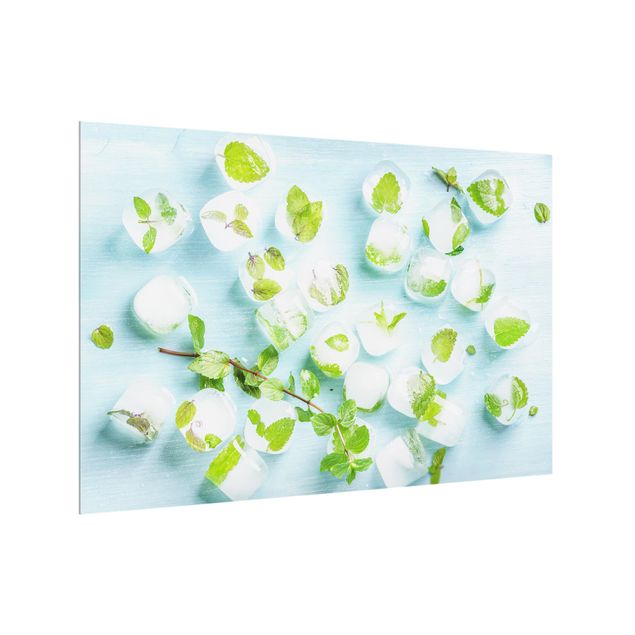 glasskivor kök Ice Cubes With Mint Leaves