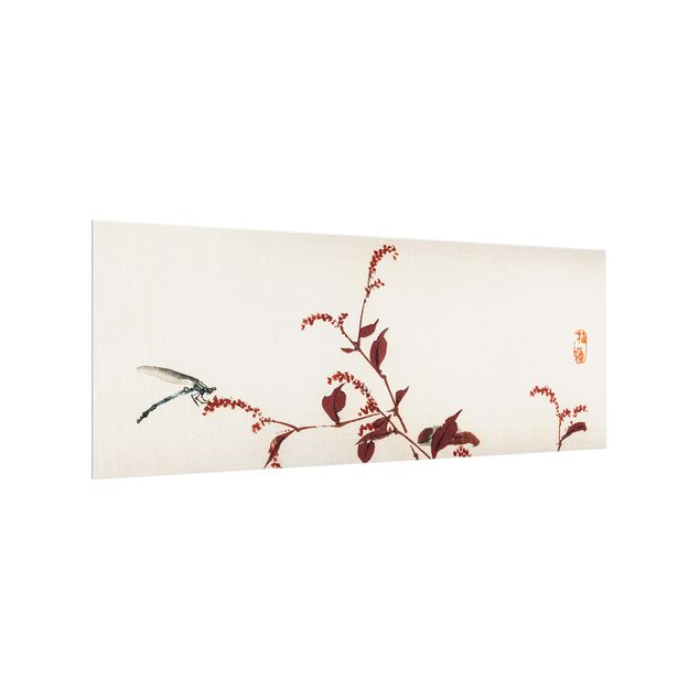 glasskiva kök Asian Vintage Drawing Red Branch With Dragonfly