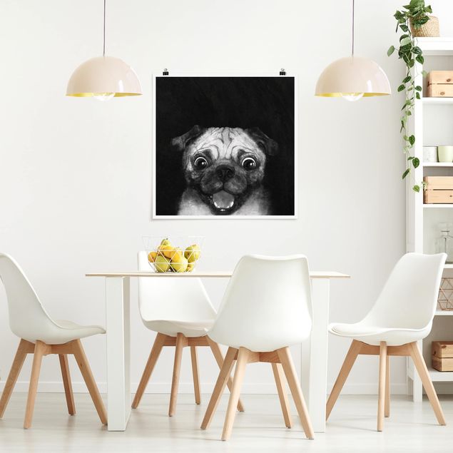 Posters svart och vitt Illustration Dog Pug Painting On Black And White