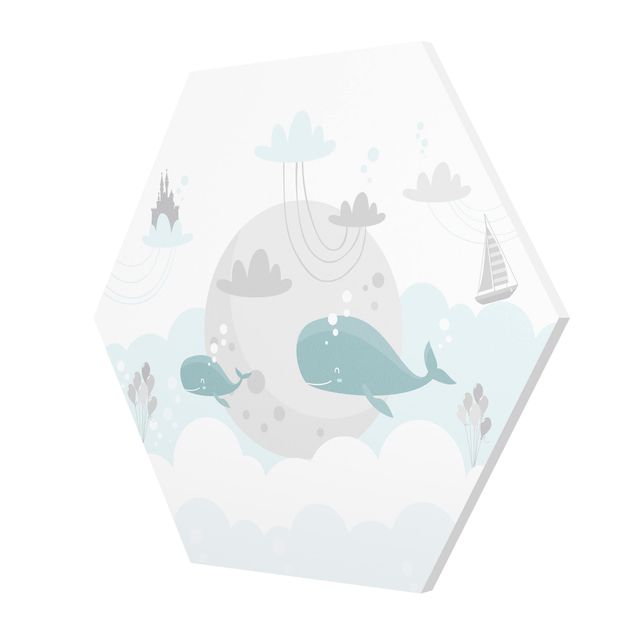 Hexagonala tavlor Clouds With Whale And Castle