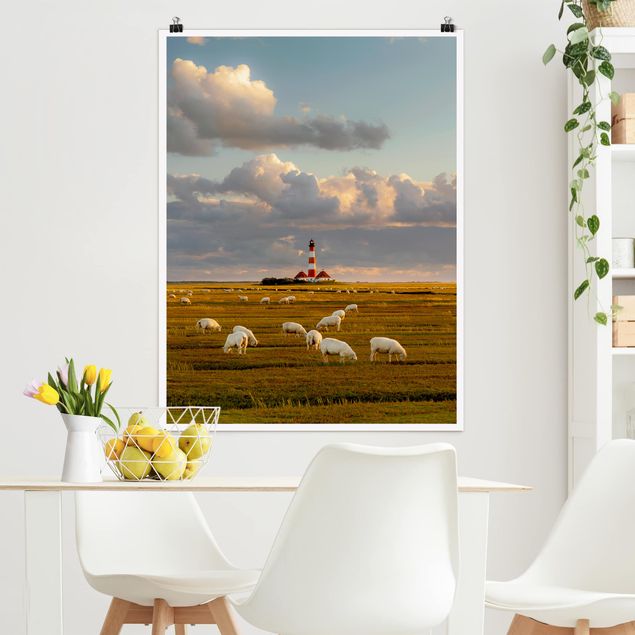 Kök dekoration North Sea Lighthouse With Flock Of Sheep
