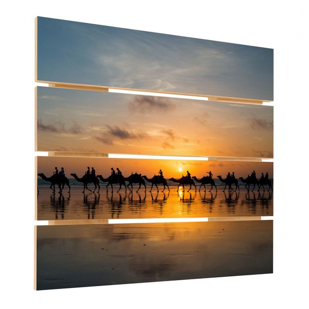 Holzbild - Kamele im Sonnenuntergang - Quadrat 1:1