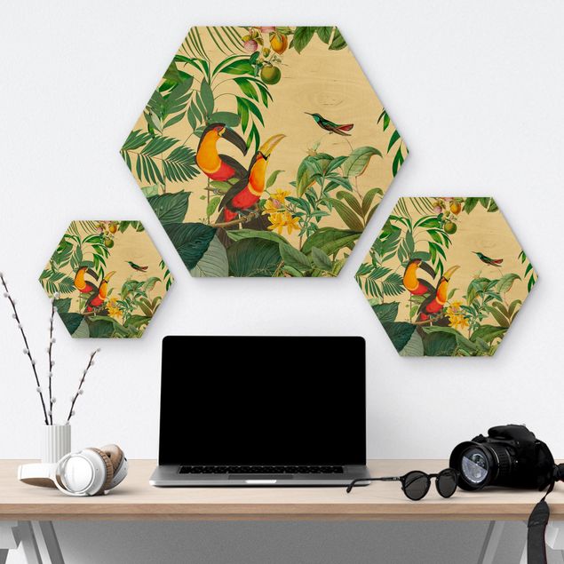 Hexagonala tavlor Vintage Collage - Birds In The Jungle