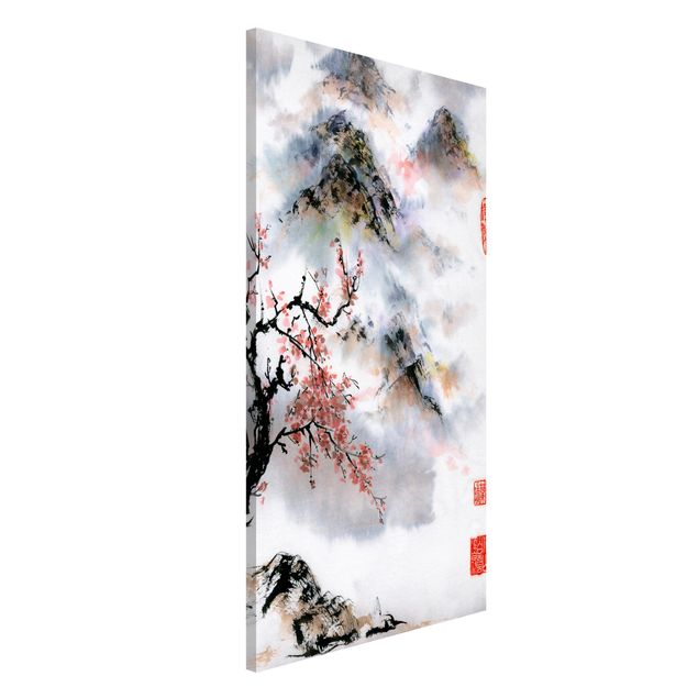 Kök dekoration Japanese Watercolour Drawing Cherry Tree And Mountains