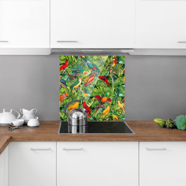 Stänkskydd kök glas blommor  Colourful Collage - Parrots In The Jungle