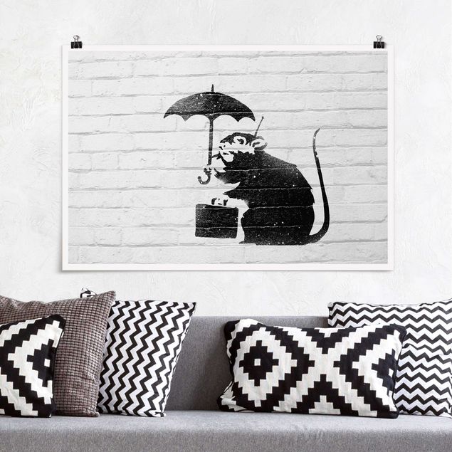 Posters svart och vitt Ratte mit Regenschirm - Brandalised ft. Graffiti by Banksy