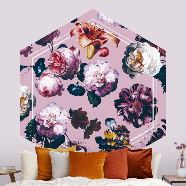 Tapeter barock Baroque Flowers With White Geometry In Pink