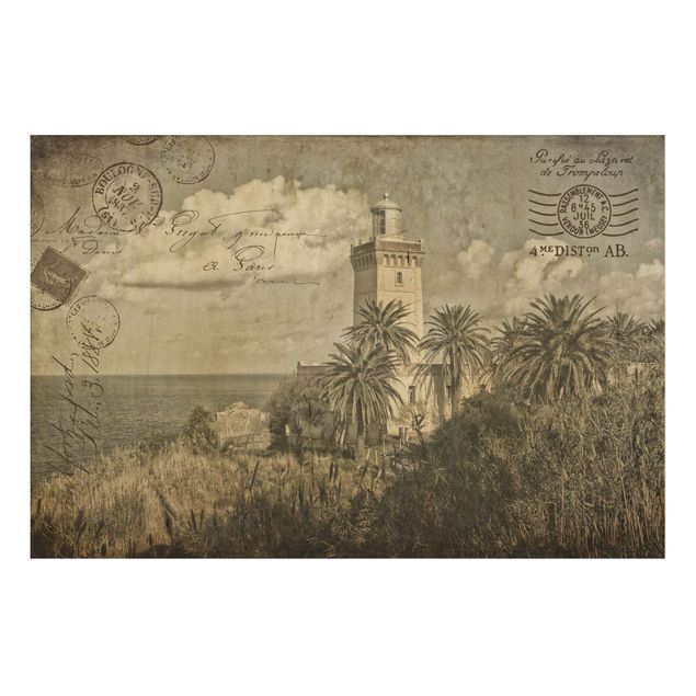 Trätavlor landskap Vintage Postcard With Lighthouse And Palm Trees