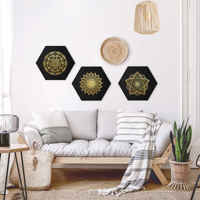 Tavlor mönster Mandala Flower Sun Illustration Set Black Gold