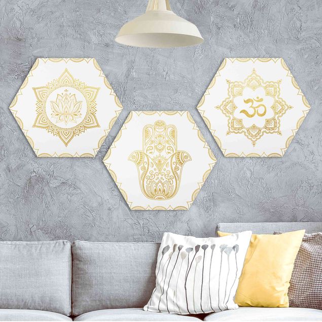 Kök dekoration Hamsa Hand Lotus OM Illustration Set Gold
