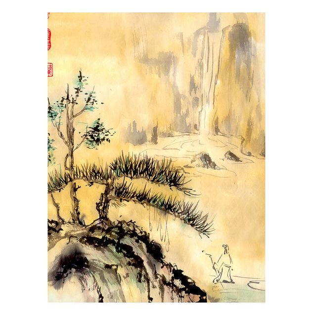 Tavlor träd Japanese Watercolour Drawing Cedars And Mountains