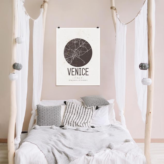Posters svart och vitt Venice City Map - Retro